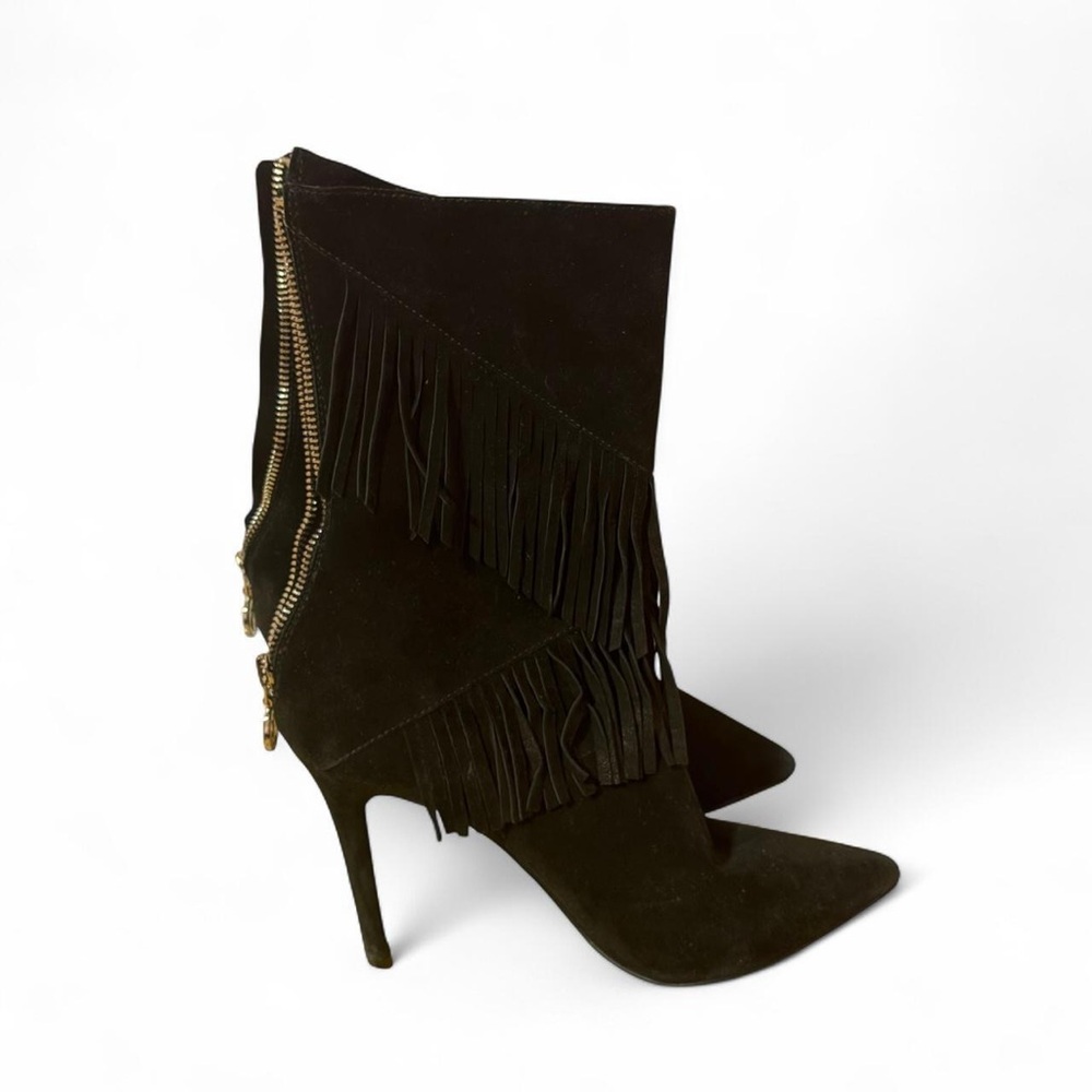Black Suede Fringe High-Heel Ankle Boots